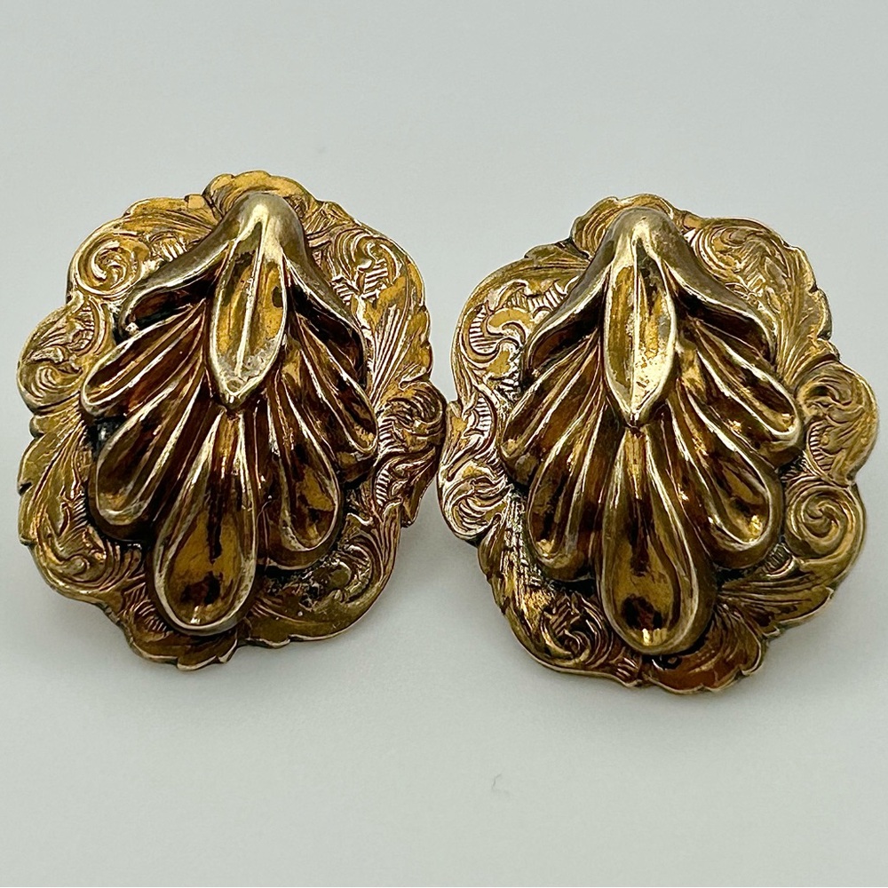 Gold-Toned Leaf Post Earrings - Art Nouveau Swirl Detail, Ornate Cottagecore